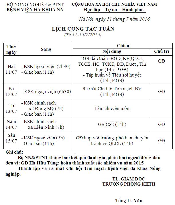 Lịch công tác tuần (Từ nagyf 11 đến 15/7/2016)