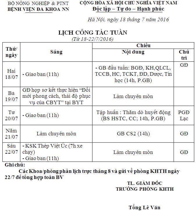 Lịch công tác tuần (từ ngày 18 đến 22/7/2016)