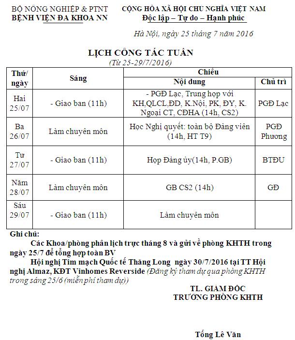 Lịch công tác tuần (từ ngày 25 đến 29/7/2016)