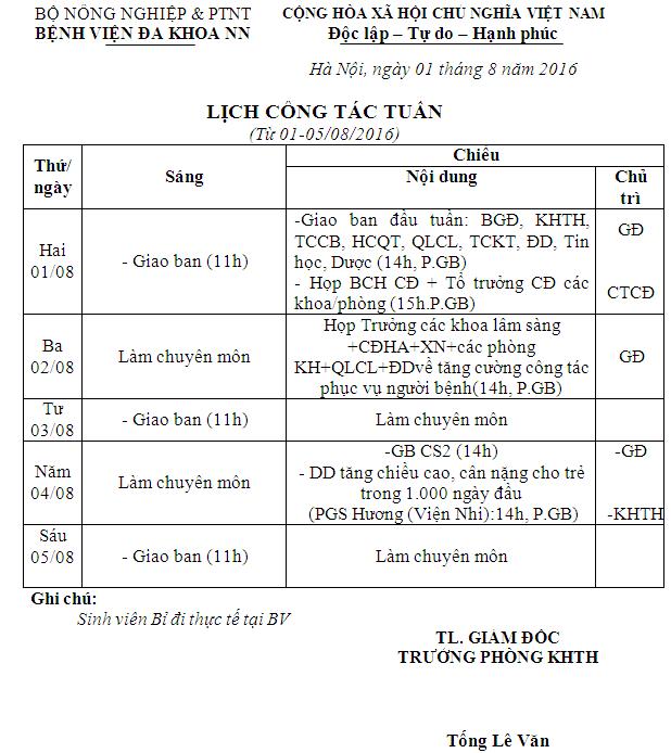 Lịch công tác tuần (từ ngày 01 đến 05/8/2016)