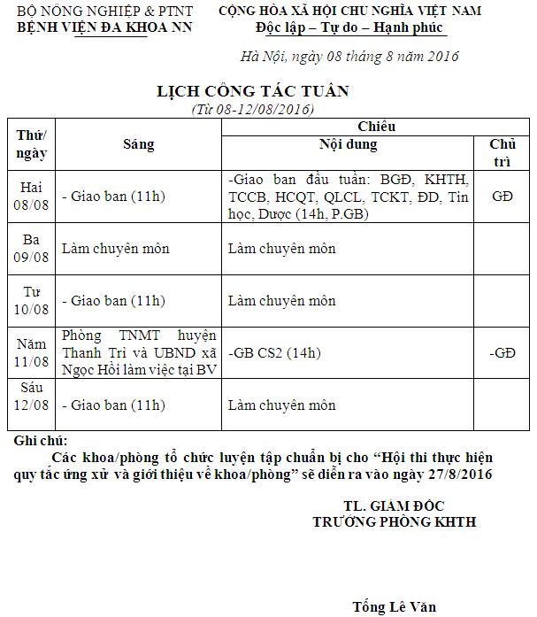 Lịch công tác tuần (từ ngày 08 đến 12/8/2016)