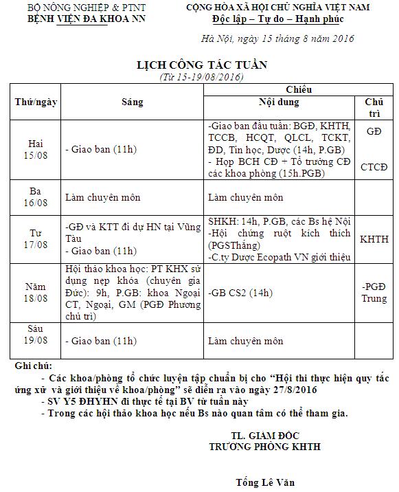 Lịch công tác tuần (từ ngày 15 đến 19/8/2016)