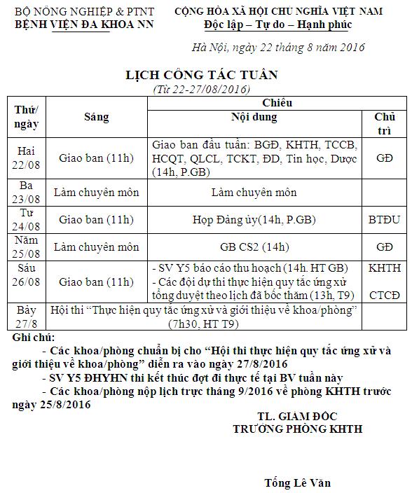 Lịch công tác tuần (từ ngày 22 đến 27/8/2016)