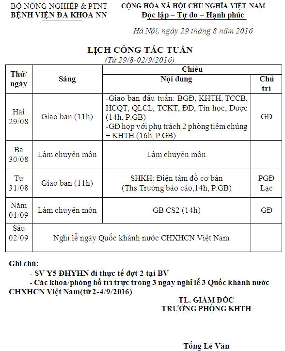 Lịch công tác tuần (từ ngày 29/8/2016 đến 02/9/2016)