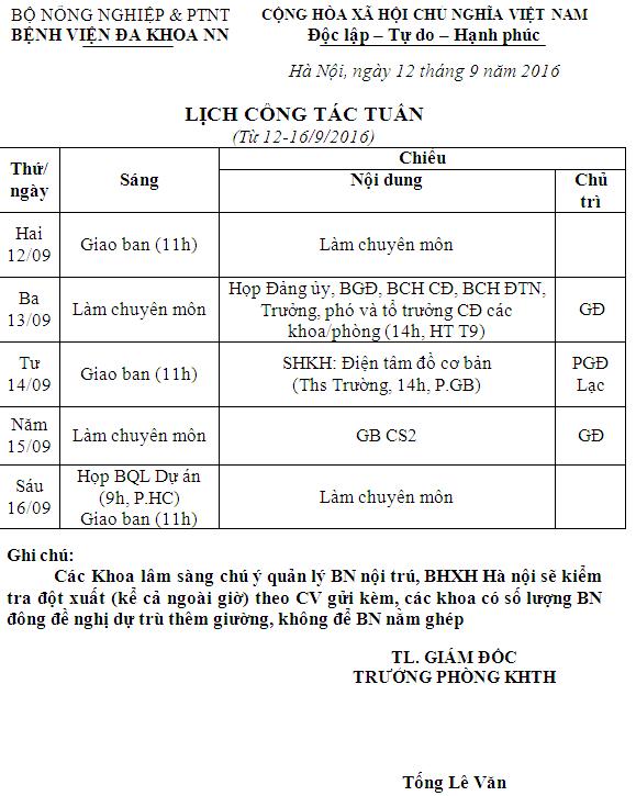 Lịch công tác tuần (từ ngày 12 – 16/9/2016)