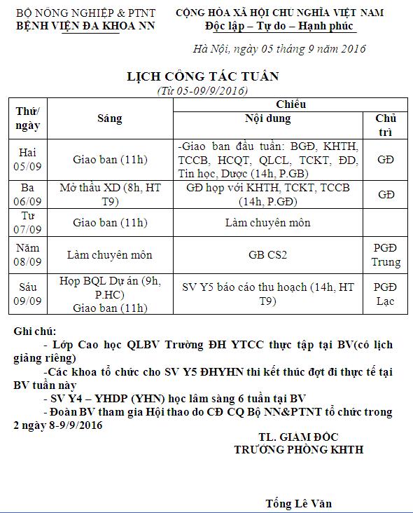 Lịch công tác tuần (từ ngày 05 đến 09/9/2016)