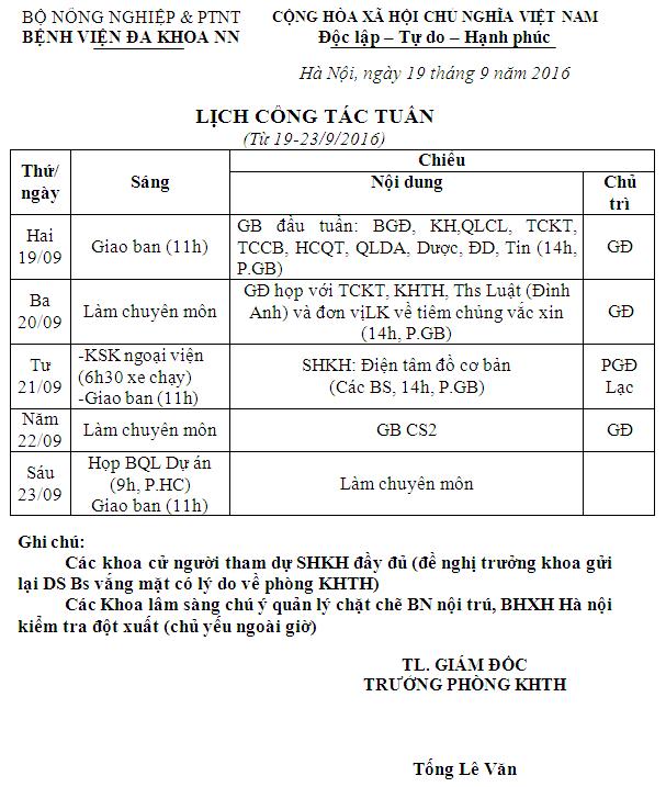 Lịch công tác tuần (từ ngày 19-23/9/2016)