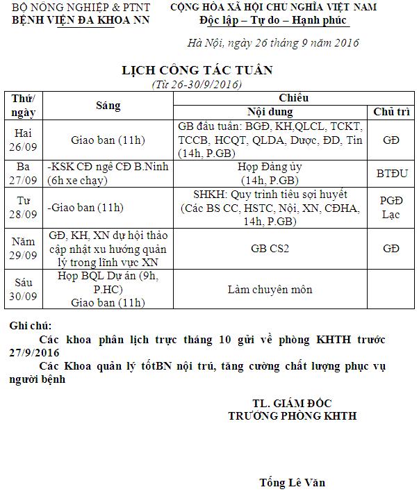 Lịch công tác tuần (từ ngày 26-30/9/2016)