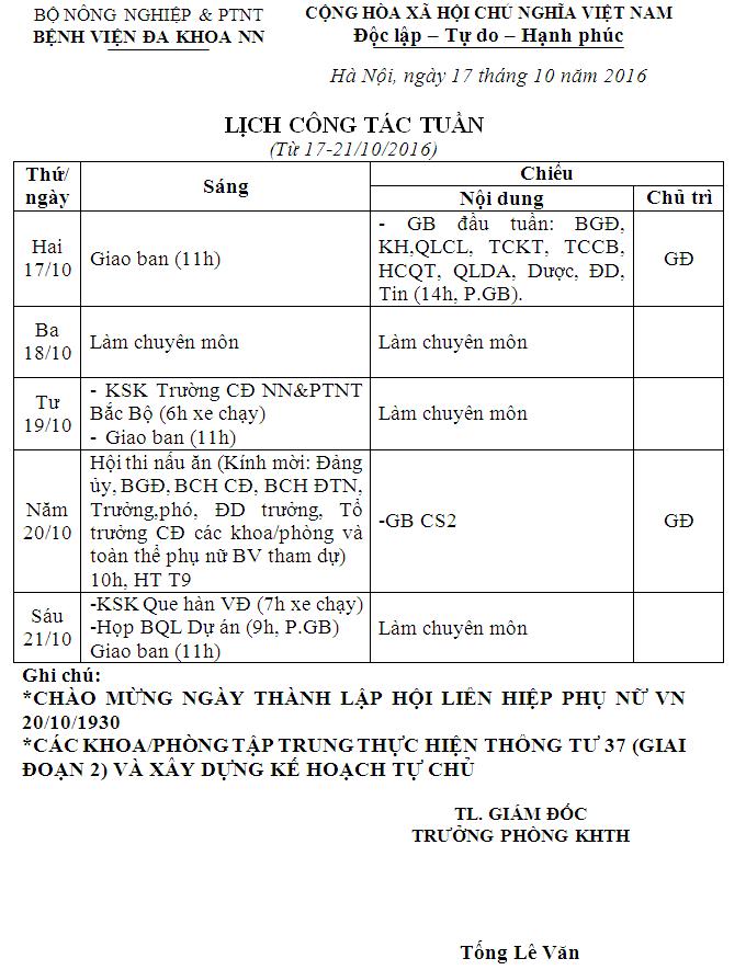 Lịch công tác tuần (từ ngày 17-21/10/2016)