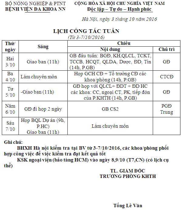 Lịch công tác tuần (từ ngày 03 đến 07/10/2016)