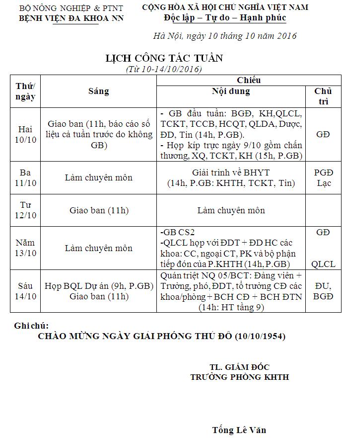 Lịch công tác tuần (từ ngày 10 đến 14/10/2016)