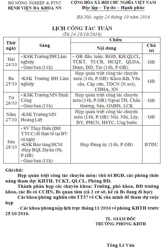 Lịch công tác tuần (từ ngày 24-28/10/2016)