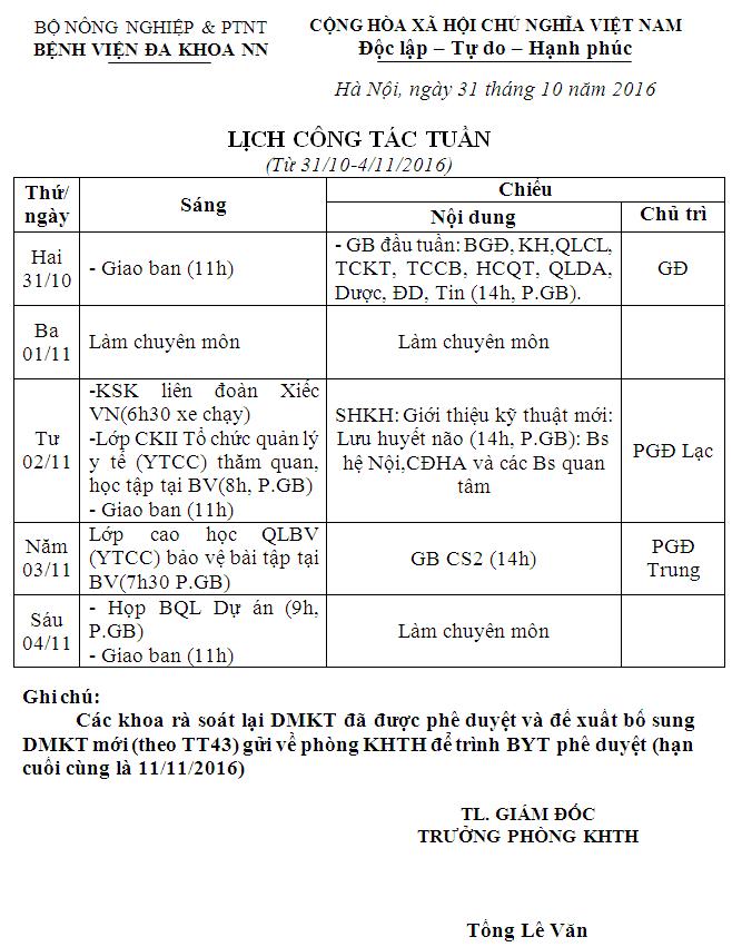 Lịch công tác tuần (từ 31/10/2016 đến 04/11/2016)