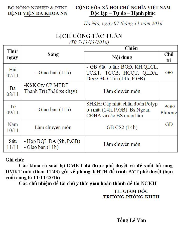 Lịch công tác tuần (từ 07 đến 11/11/2016)