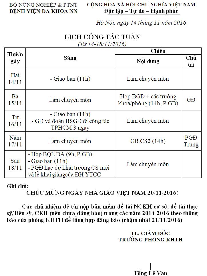 Lịch công tác tuần (từ ngày 14 đến 18/11/2016)