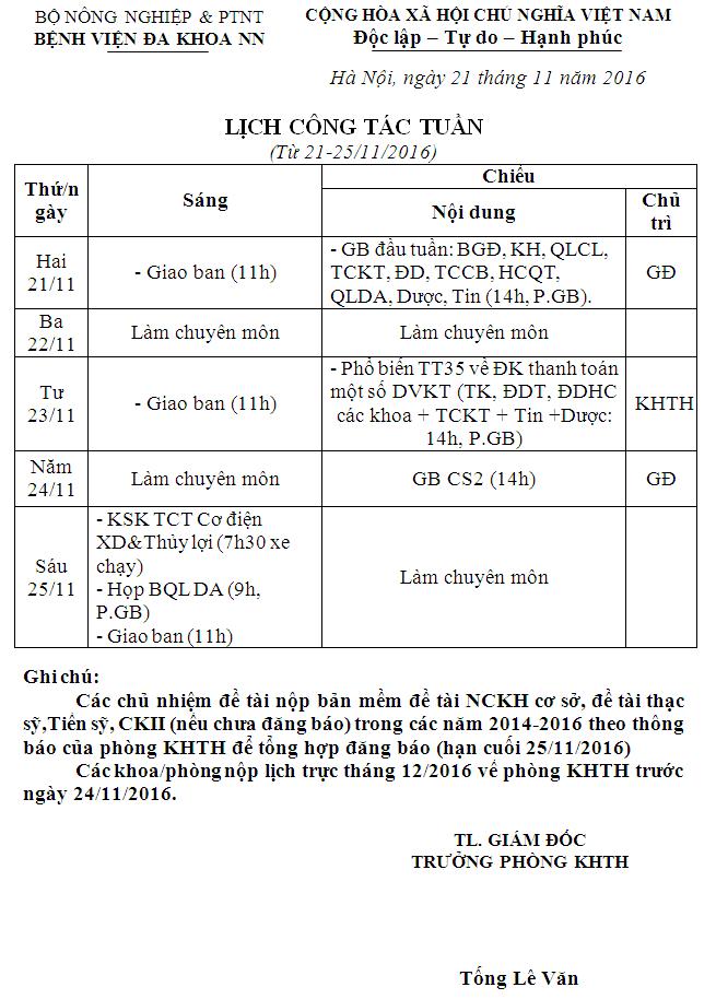 Lịch công tác tuần (từ ngày 21 đến 25/11/2016)