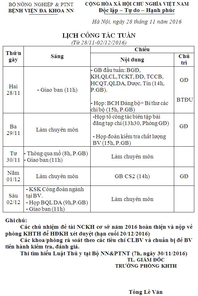 Lịch công tác tuần (từ ngày 28/11/2016 đến 02/12/2016)