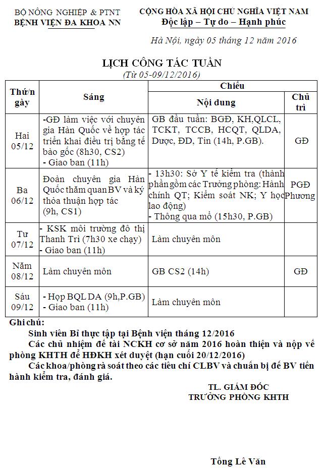 Lịch công tác tuần (từ ngày 05 đến 09/12/2016)