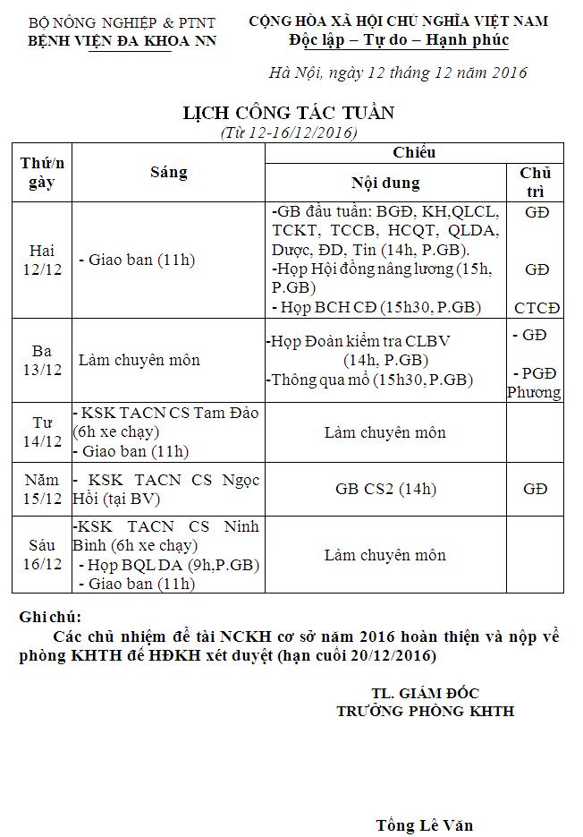 Lịch công tác tuần (từ ngày 12 đến 16/12/2016)