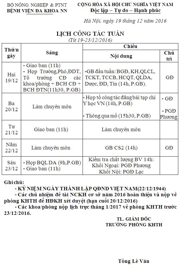 Lịch công tác tuần (từ ngày 19 đến 23/12/2016)