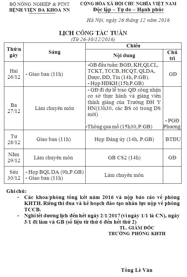 Lịch công tác tuần (từ ngày 26 đến 31/12/2016)