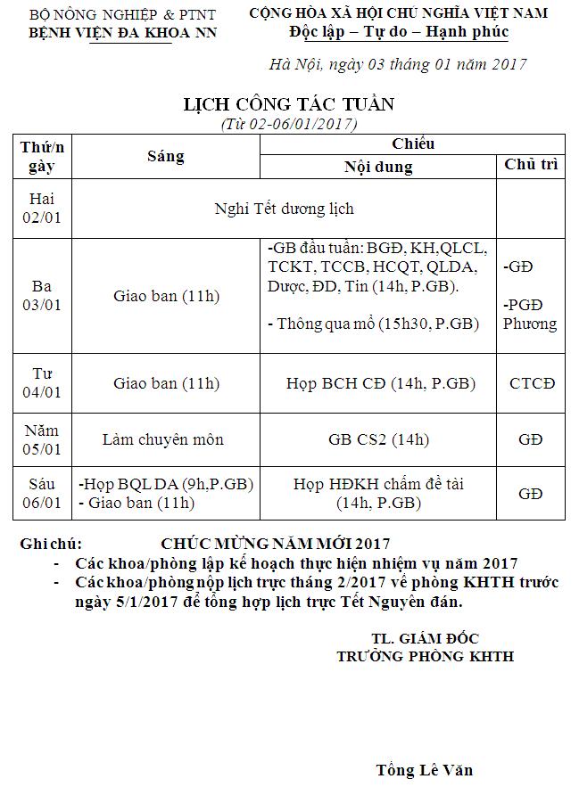 Lịch công tác tuần (từ ngày 03 – 06/01/2017)