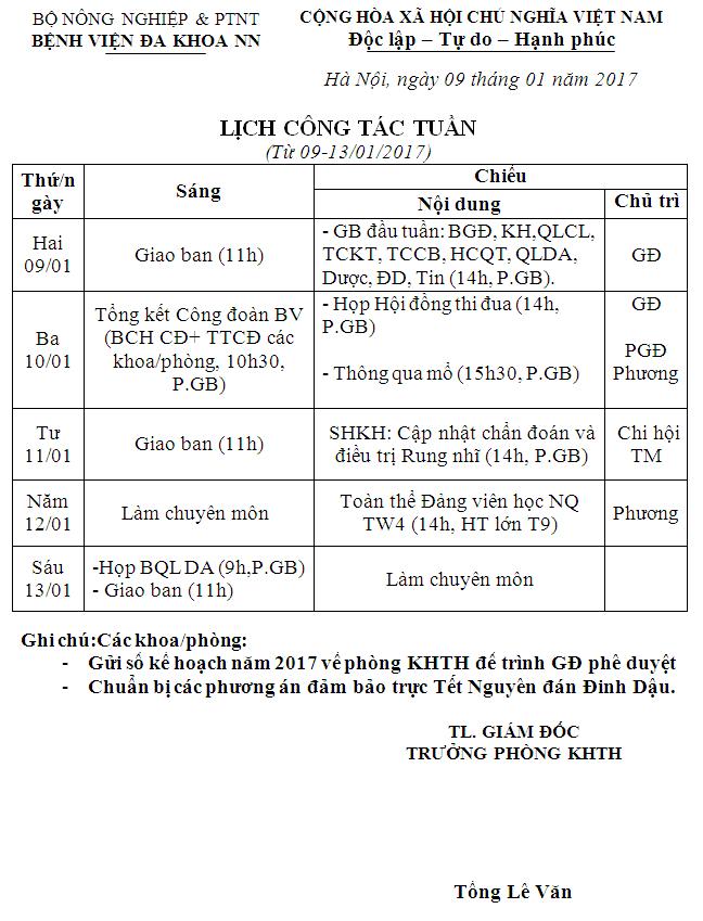 Lịch công tác tuần (từ ngày 09 đến 13/1/2017)