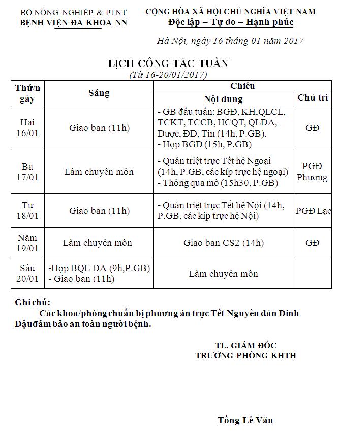 Lịch công tác tuần (từ 16 đến 20/1/2017)