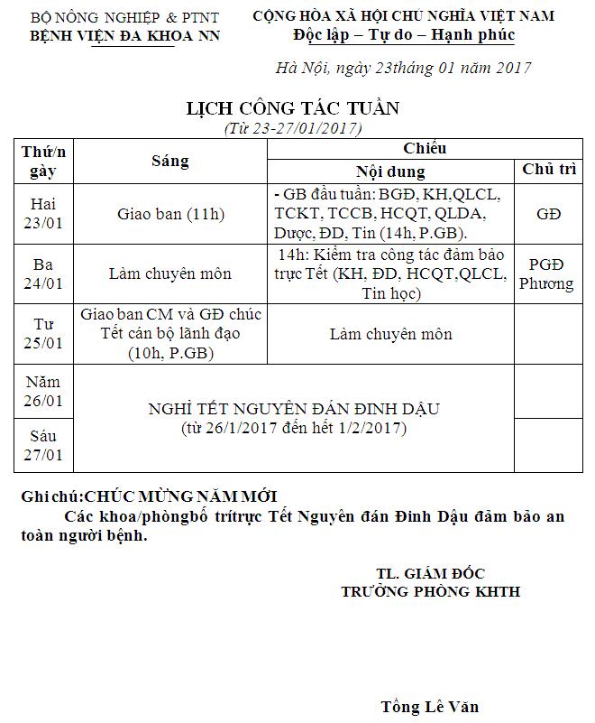 Lịch công tác tuần (từ ngày 23 đến 27/1/2017)