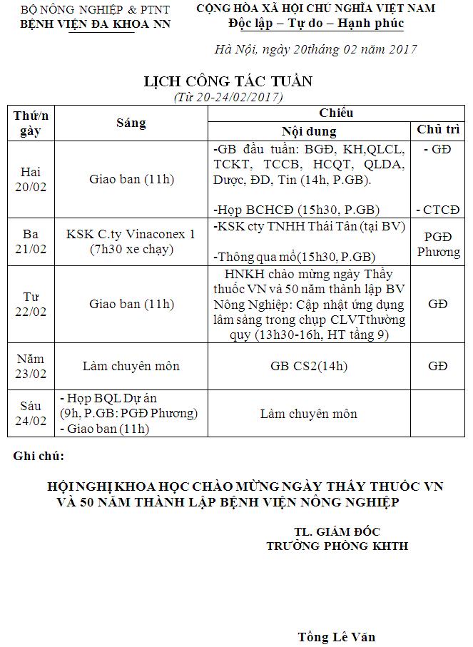 Lịch công tác tuần (từ ngày 20 đến 24/2/2017)