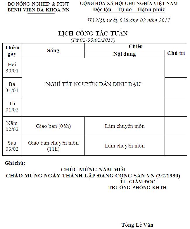 Lịch công tác tuần (ngày 02 & 03/2/2017)