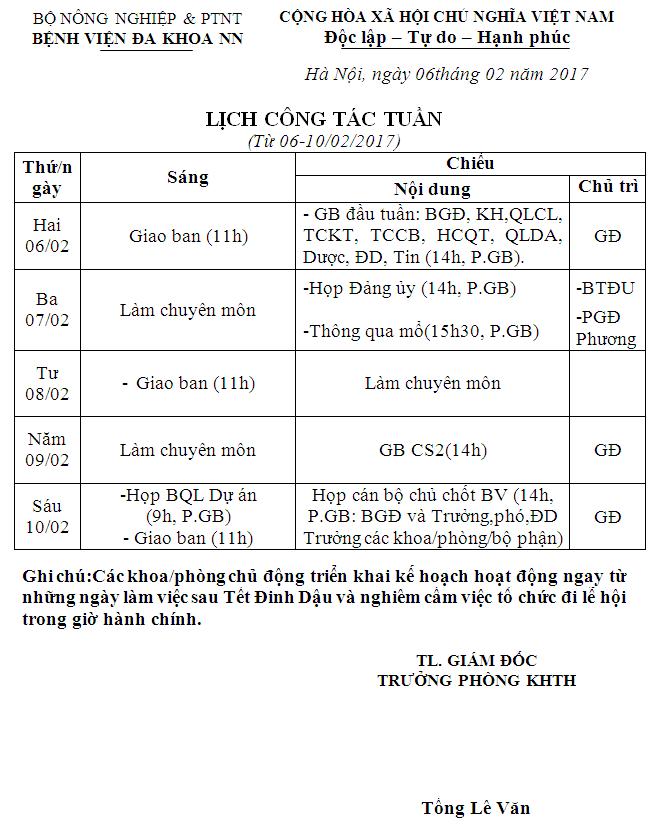 Lịch công tác tuần (từ 06 đến 10/2/2017)