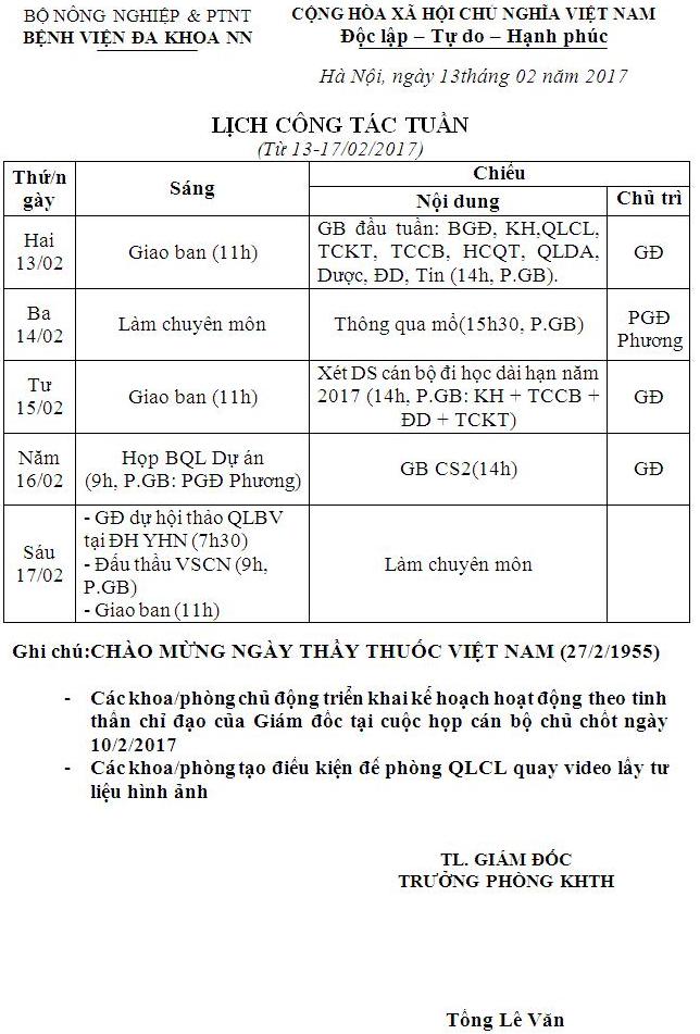 Lịch công tác tuần (từ ngày 13 đến 17/2/2017)