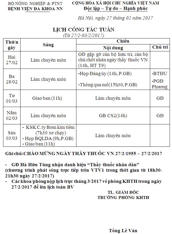 Lich công tác tuần (27/2/2017 đến 03/3/2017)