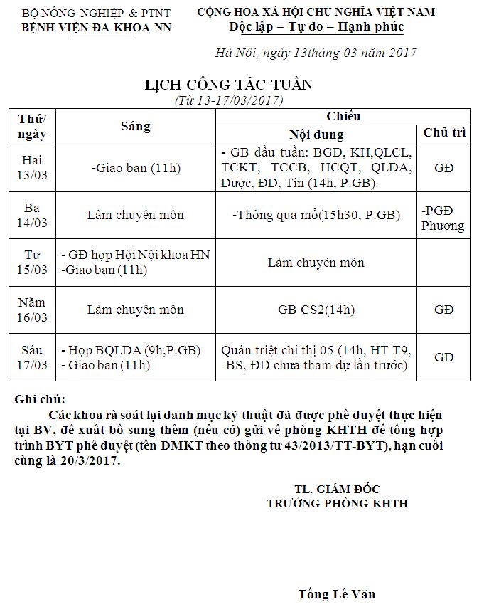 Lịch công tác tuần (từ 13 đến 17/3/2017)