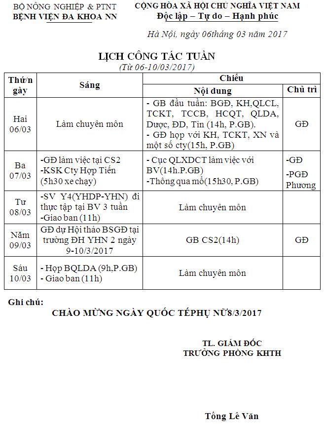 Lịch công tác tuần (từ 06 đến 10/3/2017)