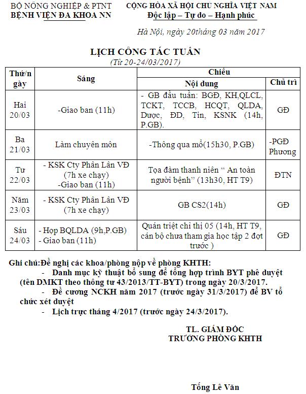 Lịch công tác tuần (từ ngày 19 đến 24/3/2017)