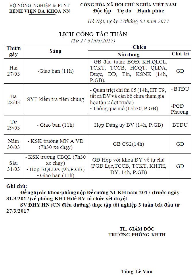 Lịch công tác tuần (từ ngày 27 đến 31/3/2017)