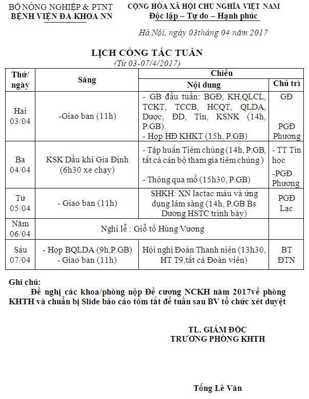 Lịch công tác tuần (từ ngày 03 đến 07/4/2017)