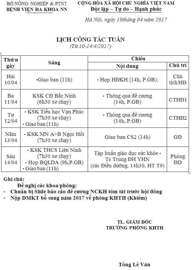 Lịch công tác tuần (từ ngày 10 đến 14/4/2017)