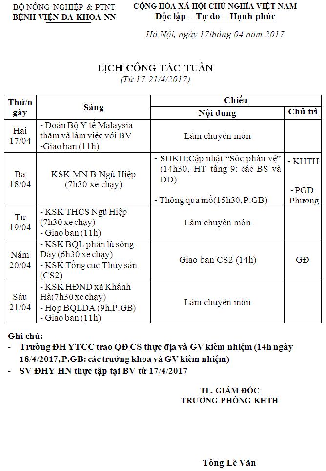 Lịch công tác tuần (từ ngày 17 đến 21/4/2017)