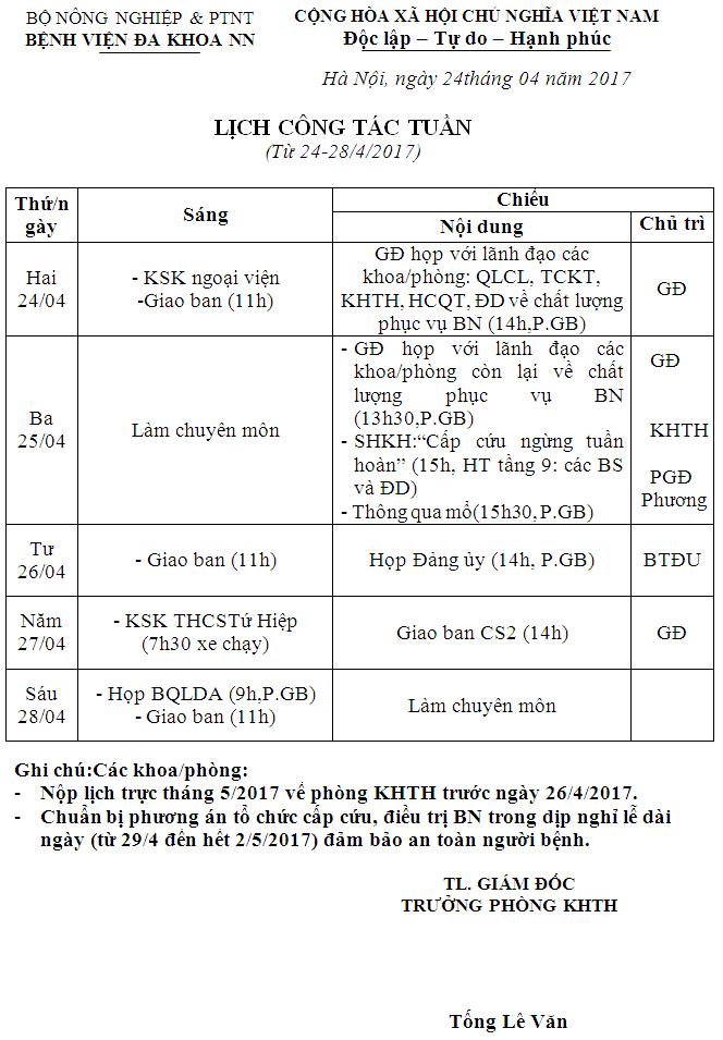 Lịch công tác tuần (từ 24 đến 28/4/2017)