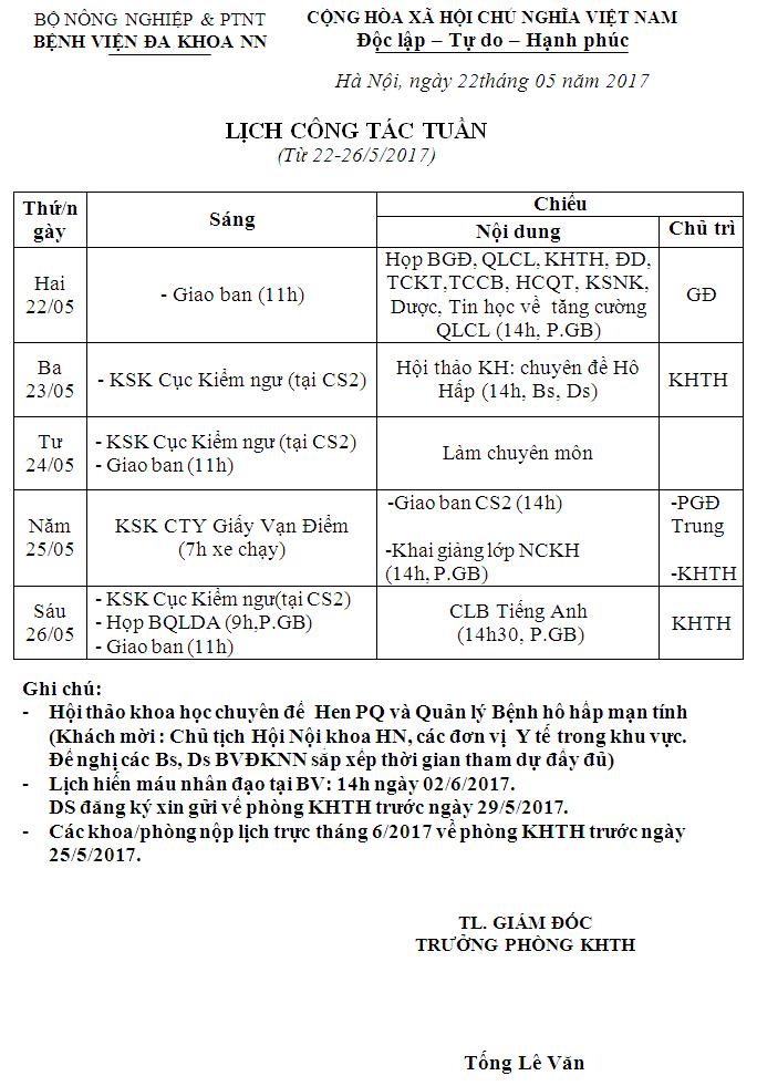 Lịch công tác tuần (từ ngày 22 đến 26/5/2017)