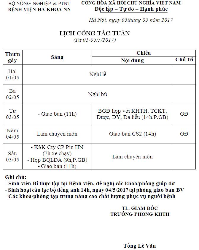 Lịch công tác tuần (từ ngày 03 đến 05/5/2017)