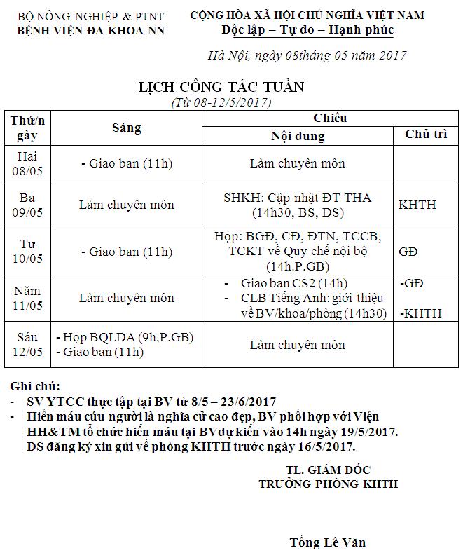 Lịch công tác tuần (từ ngày 08 đến 12/5/2017)