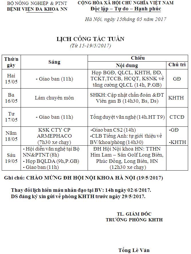 Lịch công tác tuần (từ ngày 15 đến 19/5/2017)