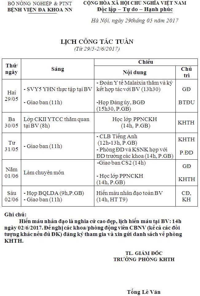 Lịch công tác tuần (từ ngày 29 đến 02/6/2017)