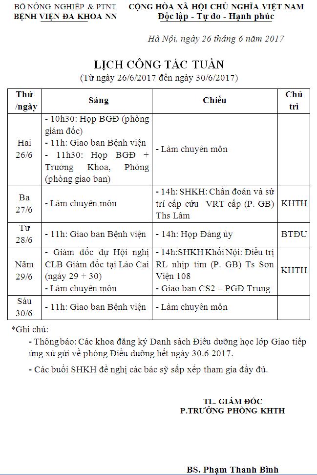 Lịch công tác tuần (từ ngày 26 đến 30/6/2017)