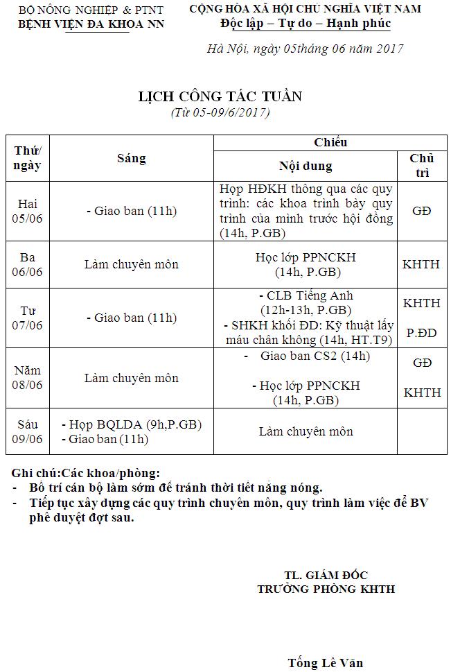 Lịch công tác tuần (từ ngày 05 đến 09/6/2017)