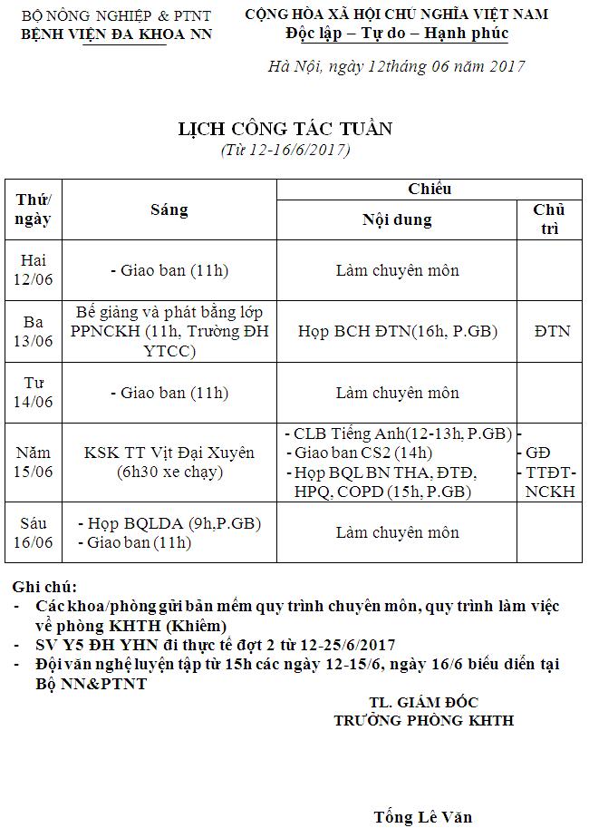 Lịch công tác tuần (từ ngày 12-16/6/2017)